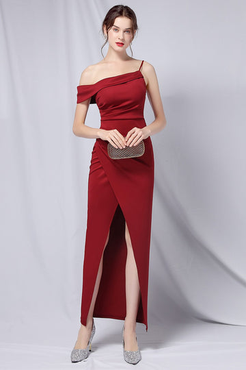 Burgundy One Shoulder Formal Dress with Slit